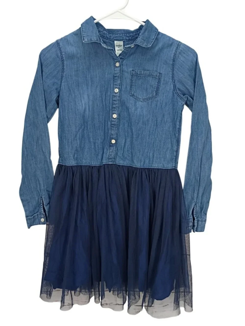 OshKosh‎ Bgosh Girls Denim Chambray Dress With Navy Tulle Skirt 14 Long Sleeve